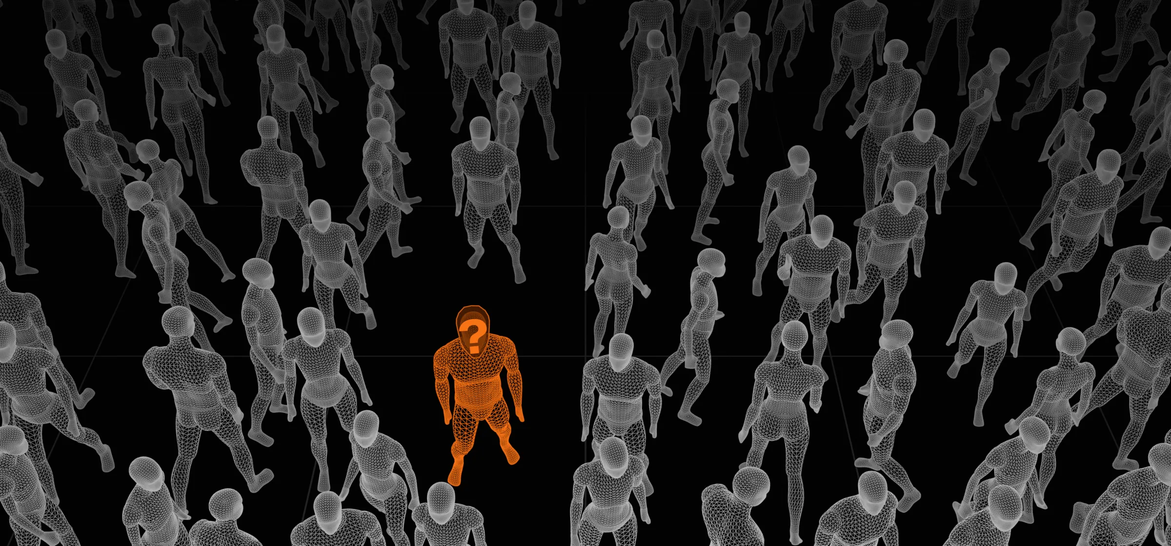 A crowd crossing a plaza seen from above, drawn as wireframe; one figure is orange, with a question mark where their face would be